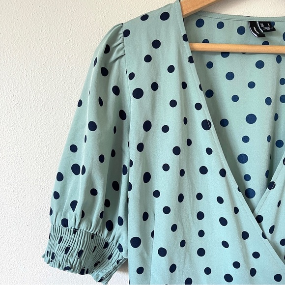 Vero Moda Mint Green Henna 2/4 Sleeve Wrap Mini Dress with Polka Print - Picture 4 of 16